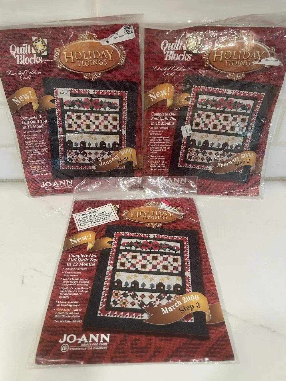 Vtg Holiday Tidings 2000 Joann Fabric Quilt Block Kits Set Of 3 Month Steps 1-3